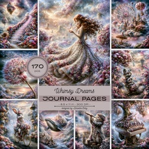 Páginas de diario creativo "Sueños Fantásticos", papeles imprimibles para álbumes de recortes de un mundo surrealista, efímeros de paisajes oníricos, paquete de papel digital, JPG para uso comercial