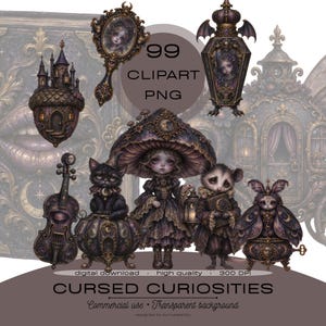 May include: A digital collection of 99 PNG clipart images featuring dark fantasy illustrations including a mushroom-capped figure, a black cat, an opossum, a violin, a mirror, and a coffin-shaped bottle, all with ornate, gothic-inspired details.