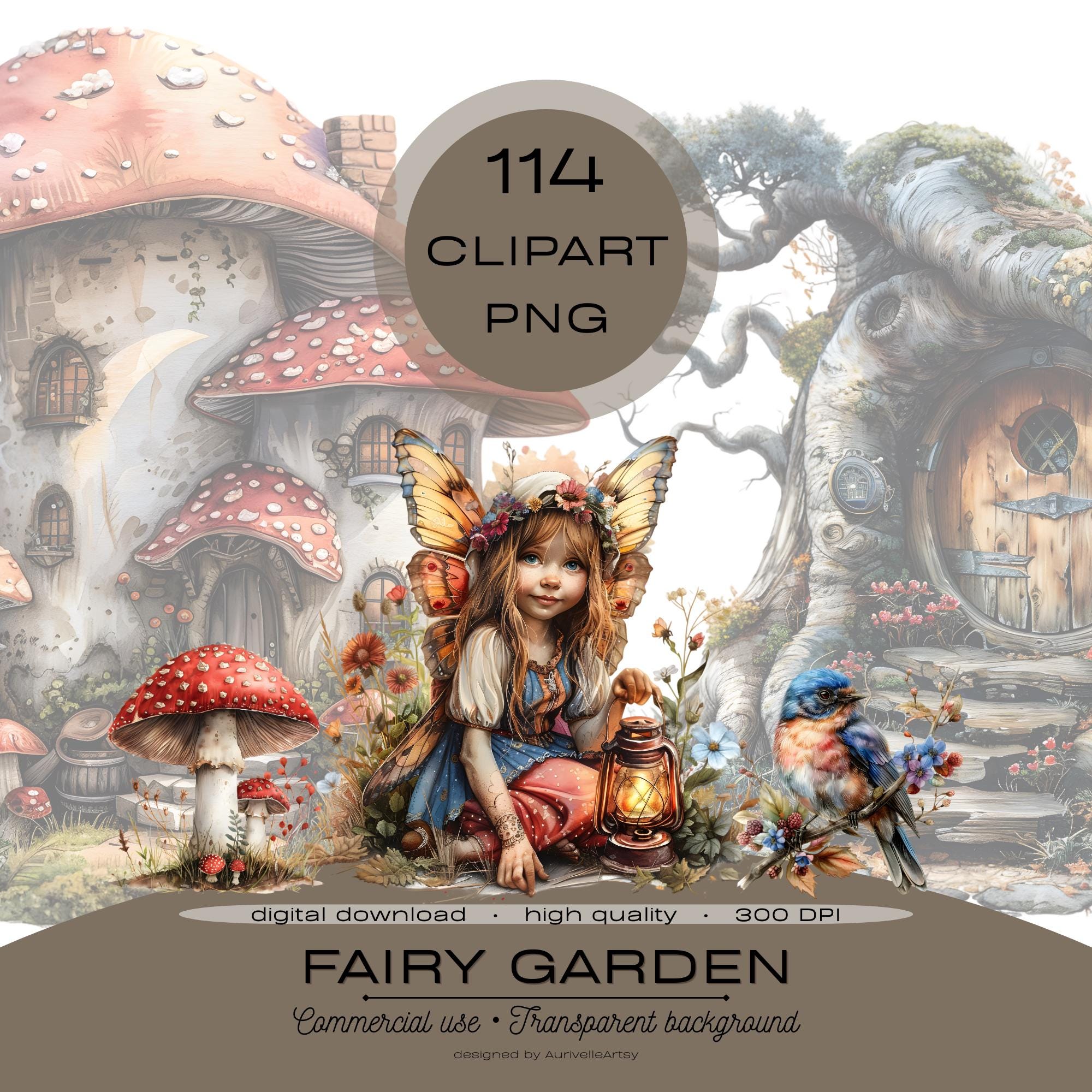 Fairy Garden Clipart PNG Bundle, Watercolor Fairies, Mushrooms and ...