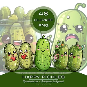 Pode incluir: Gráfico digital para download com picles de desenho animado com várias expressões. Alguns picles seguram corações, enquanto outros usam coroas de flores. A imagem inclui o texto "HAPPY PICKLES" e "48 CLIPART PNG".