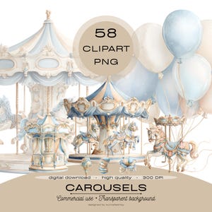 Akvarellkaruseller Clipart PNG-paket, barnrumsfödelsedagskonst, sagokarneval, sublimering, planeringsklistermärken, klippbok, kommersiellt bruk