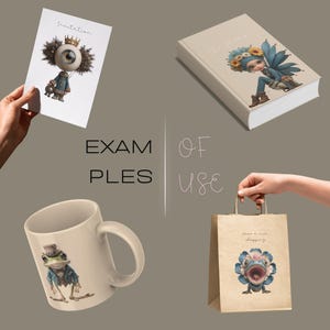 May include: An assortment of whimsical items, including a mug, a notebook, a shopping bag, and a greeting card. The items feature illustrations of fantastical creatures. The card reads "Invitation". The shopping bag has the text "Have a nice shopping".