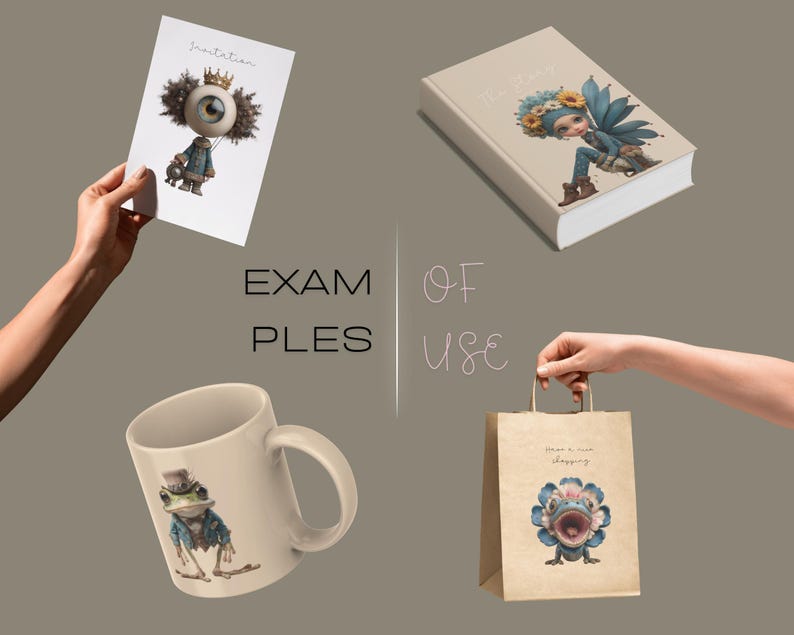 May include: An assortment of whimsical items, including a mug, a notebook, a shopping bag, and a greeting card. The items feature illustrations of fantastical creatures. The card reads "Invitation". The shopping bag has the text "Have a nice shopping".