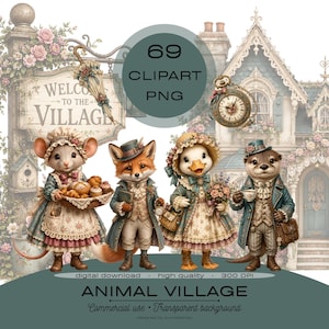 Peut inclure: Une collection numérique de 69 images clipart PNG représentant des animaux anthropomorphes en vêtements vintage, dont une souris avec un panier de pain, un renard, un canard et une loutre, devant une maison de village et un panneau.