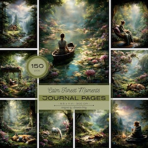 May include: A digital collection of 150 journal pages titled Calm Forest Moments, measuring 8.5 x 11 inches at 300 DPI. The set features various artistic scenes including a person in a boat, a deer, a fox, a horse, and forest landscapes.