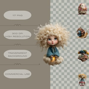 May include: Digital art featuring a doll with curly blonde hair, wearing a blue sweater, and sitting on a cloud. Additional whimsical characters include a hedgehog, snail, floating island, and a doll. Text includes "117 PNG", "300 DPI HIGH RESOLUTION", "TRANSPARENT BACKGROUND", and "COMMERCIAL USE".