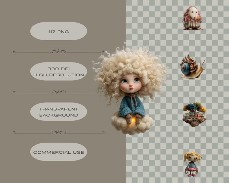 May include: Digital art featuring a doll with curly blonde hair, wearing a blue sweater, and sitting on a cloud. Additional whimsical characters include a hedgehog, snail, floating island, and a doll. Text includes "117 PNG", "300 DPI HIGH RESOLUTION", "TRANSPARENT BACKGROUND", and "COMMERCIAL USE".