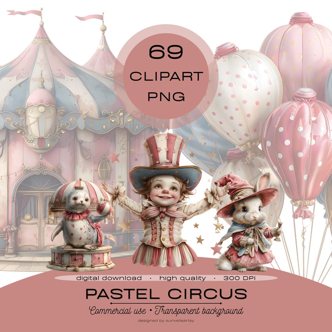Pastel Circus Clipart PNG Bundle, Carnival and Carousel for Nursery ...