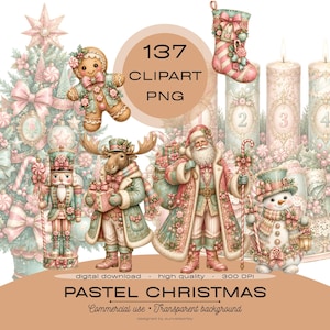 Puede incluir: Una colección digital de 137 archivos PNG de imágenes prediseñadas navideñas en tonos pastel que incluye un hombre de jengibre, un cascanueces, un alce, Santa Claus, un muñeco de nieve, un calcetín y velas. El texto dice 137 CLIPART PNG, PASTEL CHRISTMAS.