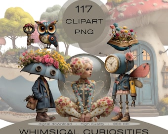 Whimsical Curiosities Clipart PNG Bundle, Surreal Weirdcore Creatures, Planner Sticker, Sublimation, Scrapbook, Junk Journal, Commercial Use