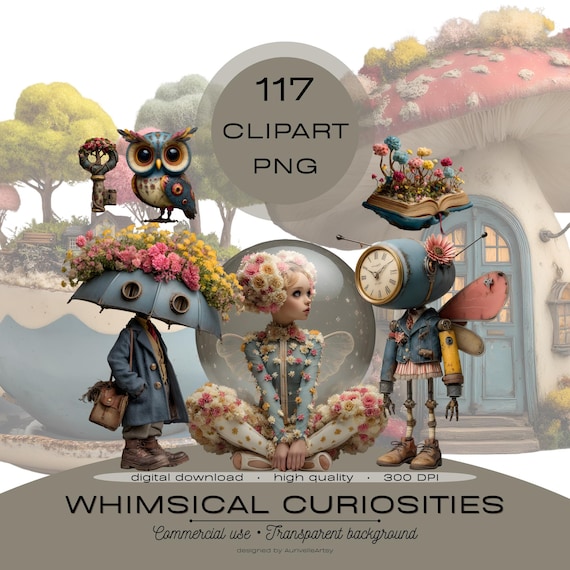 Whimsical Curiosities Clipart PNG Bundle, Surreal Weirdcore Creatures, Planner Sticker, Sublimation, Scrapbook, Junk Journal, Commercial Use