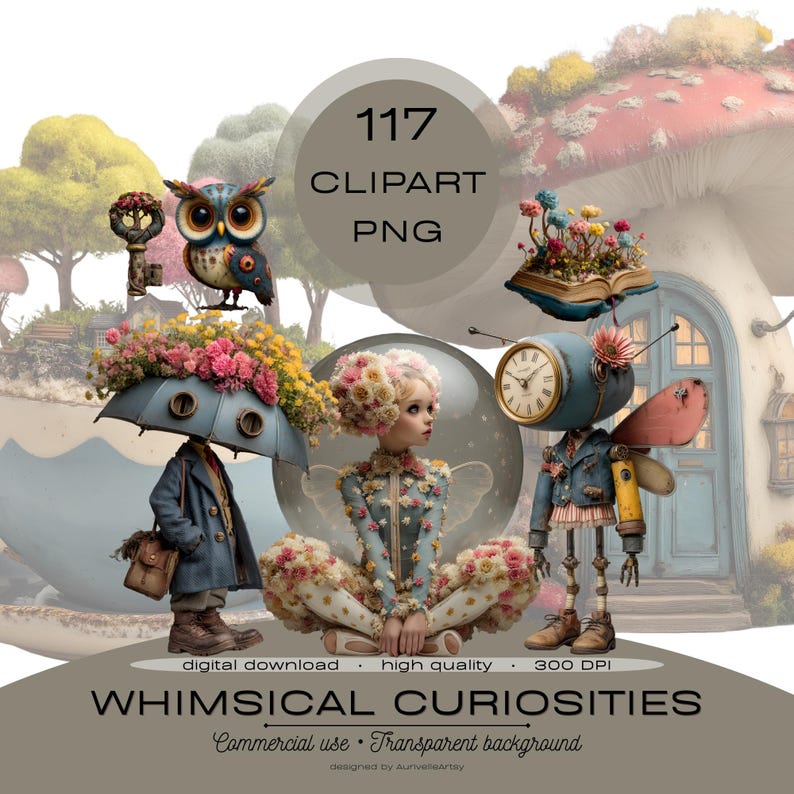 May include: A digital download graphic featuring whimsical illustrations. The image includes an owl, a key, a figure with a clock face, and a figure with a flower-covered head. Text reads "117 Clipart PNG" and "Whimsical Curiosities".