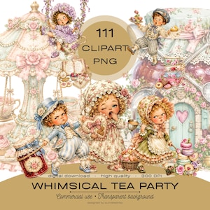 Puede incluir: Una colección digital de 111 imágenes prediseñadas PNG con niños vestidos con ropa de estilo vintage en una fiesta de té. Las ilustraciones incluyen juegos de té, patrones florales, dulces y una casa pequeña. El texto dice 111 CLIPART PNG.