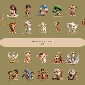 May include: A collection of watercolor illustrations featuring various animals and biblical figures. The image includes a variety of characters such as Rachel, Joseph, and Moses, along with animals like a lion, elephant, and giraffe. Text reads "What is included 1/3".