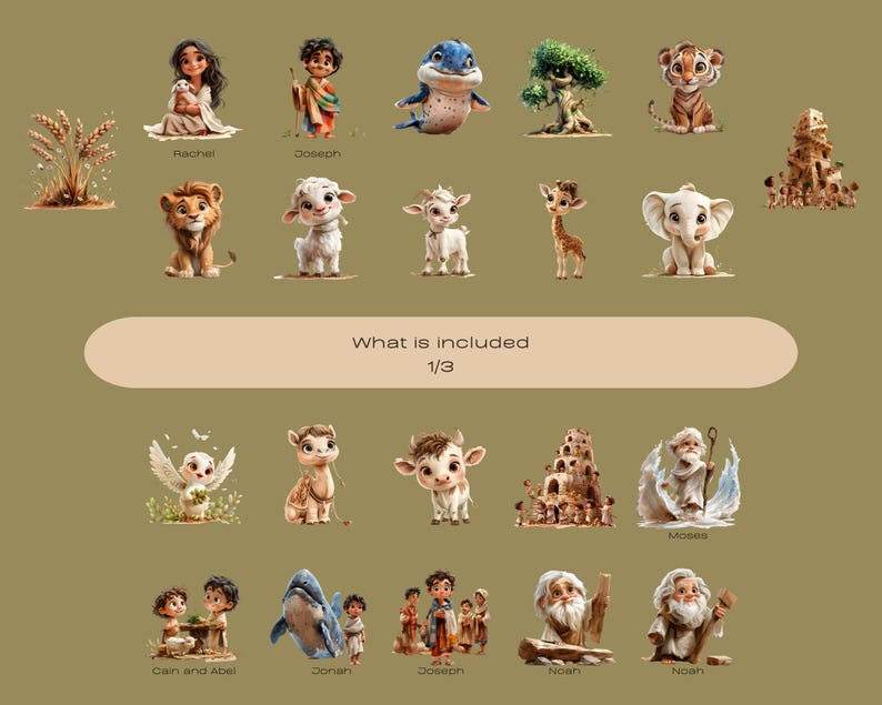 May include: A collection of watercolor illustrations featuring various animals and biblical figures. The image includes a variety of characters such as Rachel, Joseph, and Moses, along with animals like a lion, elephant, and giraffe. Text reads "What is included 1/3".
