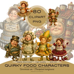 Quirky Food Characters Clipart PNG Bundle, Surrealistiska viktorianska figurer, Nyckfull Retro Kitchen & Food Scrapbook PNG, Kommersiellt bruk