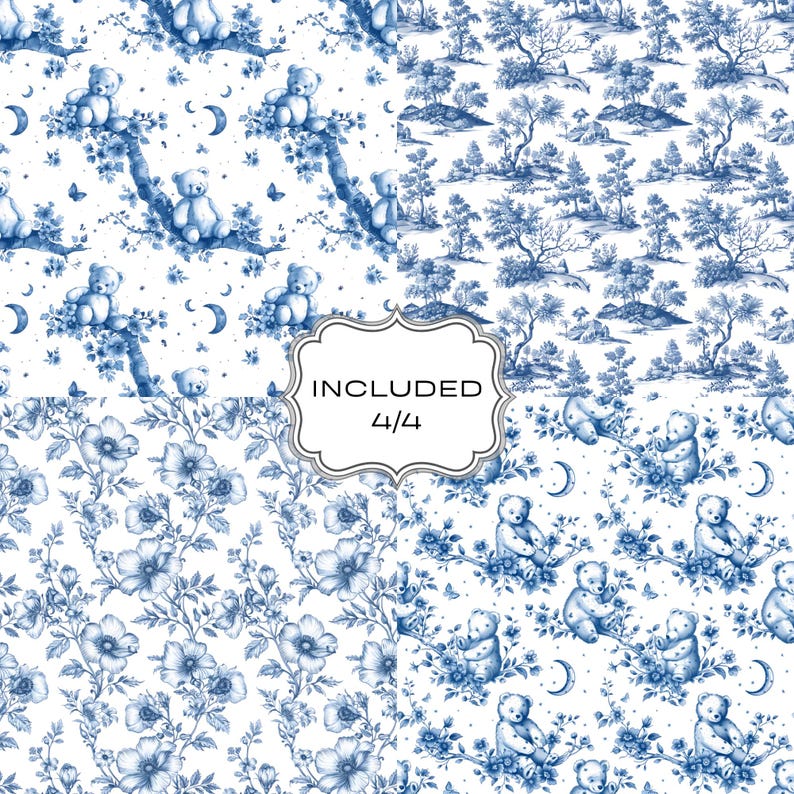 Blue Toile Seamless Patterns Bundle, Chinoiserie Digital Papers, Toile ...