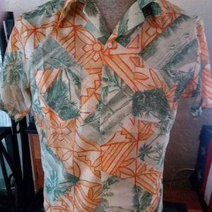 Vintage Luau Hawaiian Short Sleeve Shirt by Waikiki Holiday,100% Polyester,Mens Medium,Made in Korea,RN 26818,Outrigger Canoes,1970&#39;s,tiki