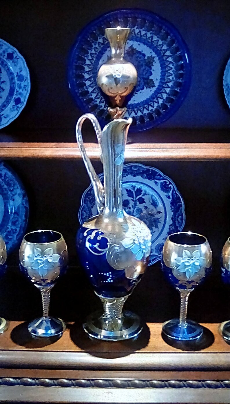 Vintage signed Murano Wine carafe goblets & vase set of 8 Etsy