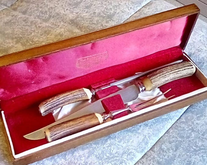 Vintage 3 Piece Meat Carving Set in Wooden Box Case. Royal Stag Horn