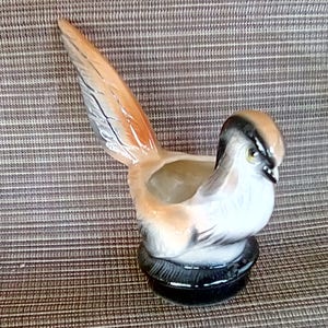 May include: A ceramic bird-shaped planter with a long tail, painted in shades of brown, white, and black. The bird has a small opening for planting. The planter sits on a black base and is set against a striped background.