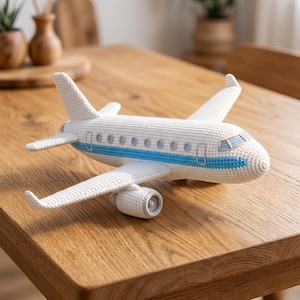 Crochet Airplane Plush Toy – Handmade Amigurumi Commercial Jet, White & Blue