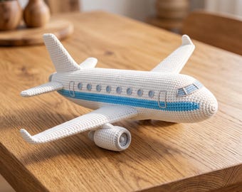 Crochet Airplane Plush Toy – Handmade Amigurumi Commercial Jet, White & Blue
