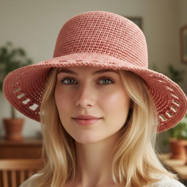 Crochet Sun Hat, Wide Brim Raffia Beach Pattern (PDF Pattern S-L