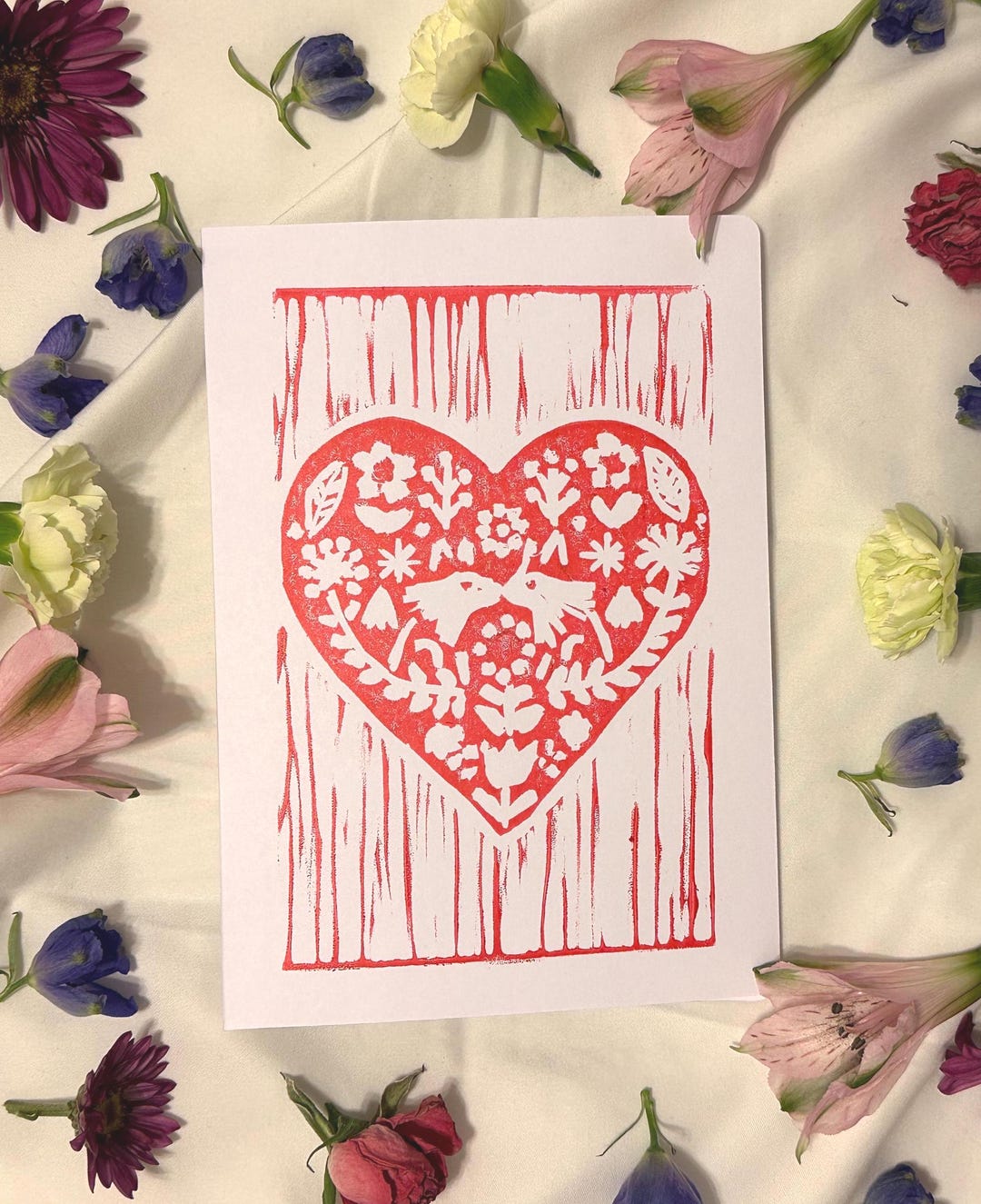Handmade Valentine's Day Cards, Red Heart Linocut Print, Scandinavian ...