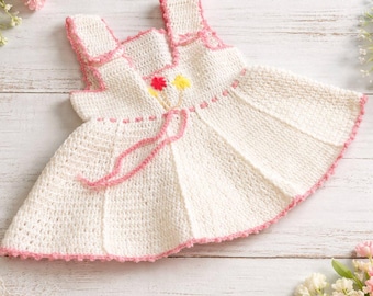 Vestido de bebé de algodón tejido a mano, blanco con flores rosas, de 9 a 12 meses.
