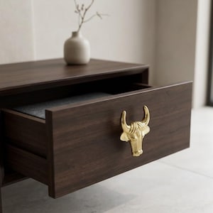 May include: A dark brown wooden drawer with a gold-colored bull head handle. The drawer is partially open, revealing a gray interior. A small white vase with a twig is on top of the cabinet.