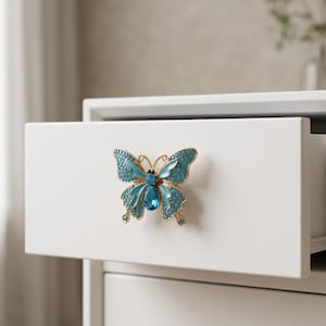 Blue Butterfly Cabinet Knob Crystal Drawer Pull Decorative Furniture Handle For Office Home