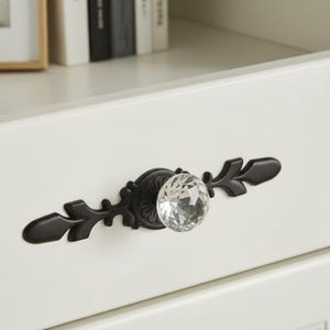 May include: A black decorative drawer pull with a clear crystal knob. The pull has an ornate design with leaf-like accents. The knob is faceted, reflecting light. The drawer pull is mounted on a white surface.