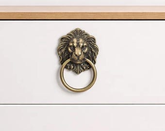 Antique Brass Lion Head Ring Drawer Pull, Vintage Cabinet Handle Knocker