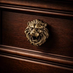 May include: A bronze lion head drawer pull mounted on a dark brown wooden surface. The lion's face is detailed with an open mouth and a textured mane. The wood grain is visible, and the pull is centered.