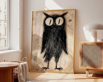 Impressão artística de um desenho de coruja caprichoso, decoração minimalista (download digital)