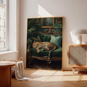 Leopard on Emerald Sofa Printable Wall Art, Vintage Maximalist Decor (Digital Download)