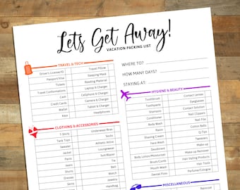 Let's Get Away! Printable Vacation Packing List, Ultimate Vacation Travel Cruise Checklist, Printable, Instant Download Vacation Essentials