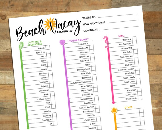printable beach vacation packing list beach vacay checklist etsy