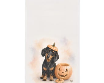 Paño de cocina de Halloween / Colección de Halloween de Everwonder Manor™ / Paño de cocina de lujo con diseño de acuarela / Tina la perrita salchicha / Regalo de inauguración de casa