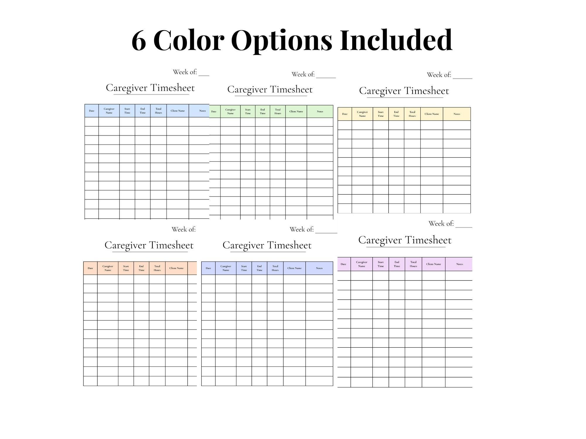 Caregiver Timesheet Printable Bundle (6 Pages) | Home Care Hours ...