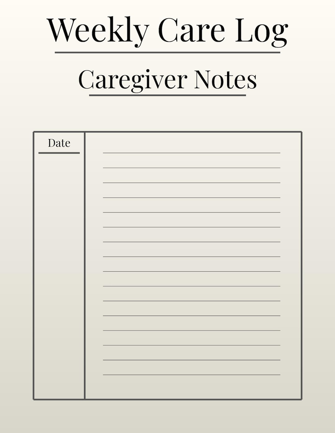 Caregiver Log Printable Bundle – Cream Version | Daily- Weekly Care ...