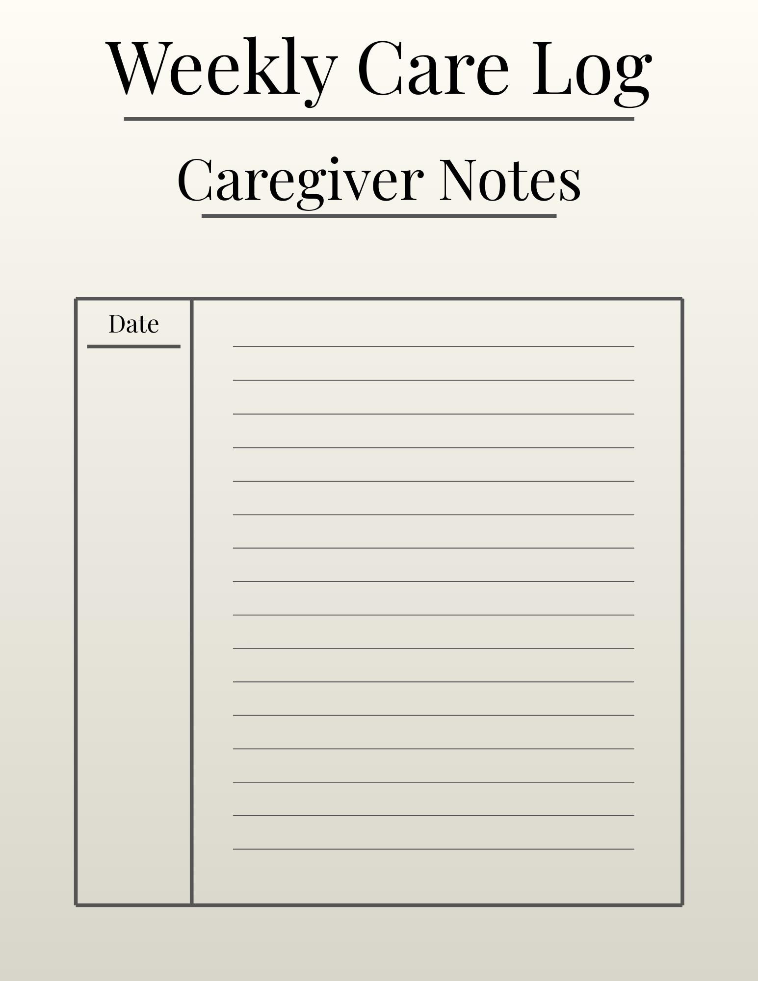 Caregiver Log Printable Bundle – Cream Version | Daily- Weekly Care ...