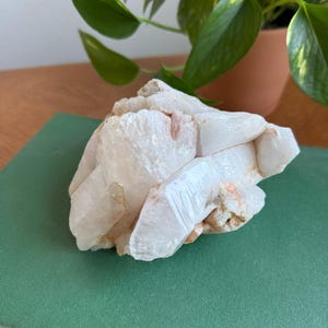 May include: A large, raw quartz crystal cluster with a milky white appearance and hints of peach and brown. The crystal sits on a green surface, with a potted plant in the background.