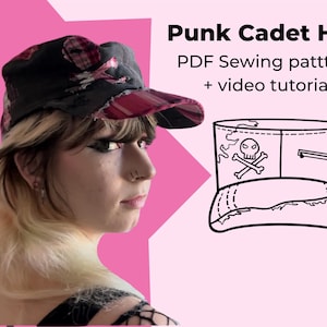 May include: A black and red plaid cadet hat with a distressed design. The hat has a flat brim and is worn by a person. The image also includes a line drawing of the hat with a skull and crossbones graphic. Text on the image reads "Punk Cadet Hat PDF Sewing pattern + video tutorial."