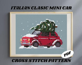 Patrón Punto de Cruz Coche Clásico Italiano Mini Navideño (PDF) | Diseño Retro de Navidad | Esquema Punto de Cruz Contado