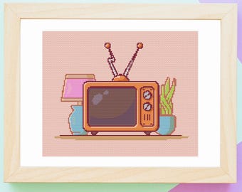 Patrón de Punto de Cruz Televisión Retro Diseño 80's Vintage para Decoración (PDF) Archivo Pattern Keeper Incluido