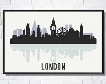 Patrón de Punto de Cruz Londres Blackwork | Skyline Minimalista | Decoración Moderna (PDF)