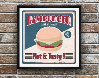Patrón de Punto de Cruz Retro Cartel Hamburguesa Estilo Diner Americano (Descarga PDF Instantánea)