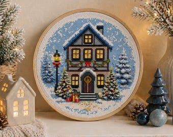 Patrón de Punto de Cruz Casa Navidad en PDF | Casa Nevada Invernal | Decoración Navideña Hecha a Mano (DIY)